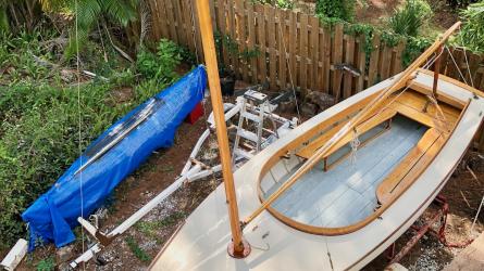 1935 Cape Cod Knockabout-Lake George version, view from above, on trailer