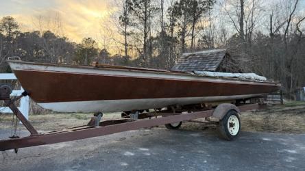 1967 Von Hacht Flying Dutchman 20'. on trailer sunset behind