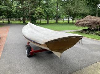 Penobscot 14, on trailer, covered, view of stern port side