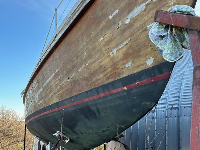 1964 Marconi-rigged 37' Wooden Sailboat, view from bottom bow view starboard side