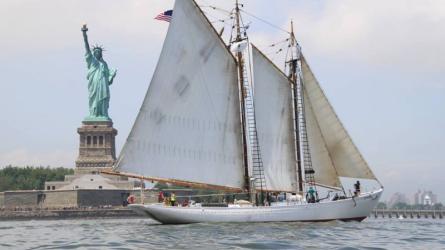 Arctic schooner BOWDOIN and Lady Liberty. Photo courtesy ACB Facebook.