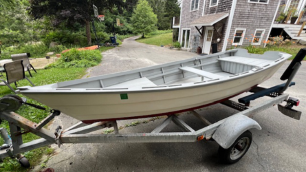 12 10 classic Lapstrake Skiff for sale, on trailer port side bow view