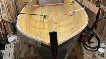 16’ Jericho bay lobster skiff molds, looking at bow, view from above 