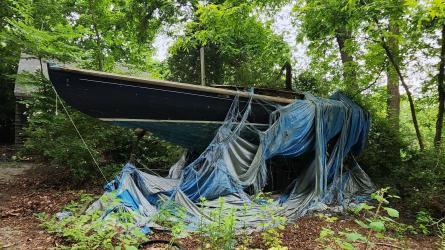 1920 Herreshoff S Boat in need of restoration, port side bow view