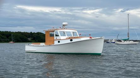 30' Ralph Stanley Classic Lobster Cruiser, in water starboard side bow view