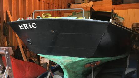 1938 Gaff-rigged Cutter, inside on stands, stern view
