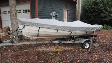 Penobscot 13 wooden sailboat boat for sale, on trailer port side view