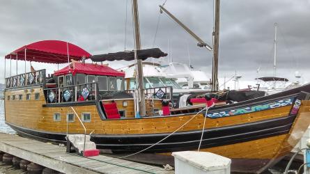 54' Authentic Chinese Junk Boat, docked starboard side view