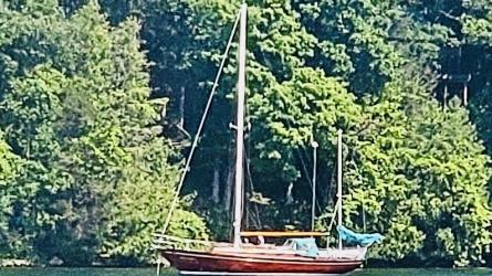 Rainmaker 1963 Yawl 39' bright finish, in water, port side view