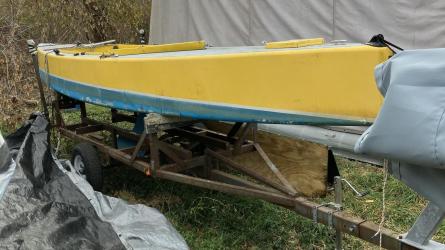 International 110 project boats, on trailer starboard side bow view