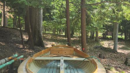 No Mans Land Boat Mirth, on trailer looking toward stern from bow