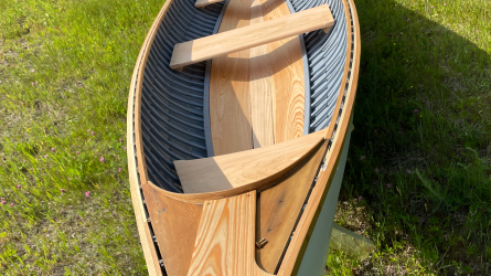 14 Foot Rushton Wooden Canoe, on the lawn