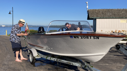 Clark Craft Beauty, Lovingly Built, on trailer starboard side bow view