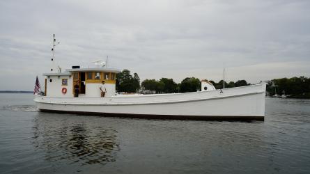 1938 65' Chesapeake Bay Buyboat "Choptank", in water starboard side view