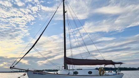 Modified Wianno Senior Sailboat, Hull #1, moored port side view