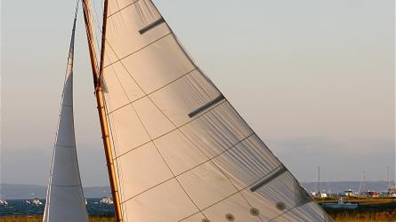 TULIP, gaff rigged centerboard knockabout sloop under sail in Bluefish River, Duxbury, MA, USA