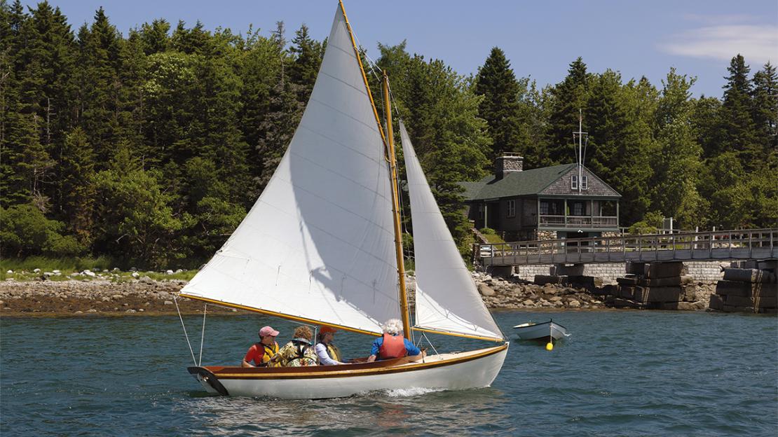 CONNIE sails near the WoodenBoat School pier.