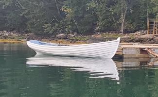 Wherry tied up. Overs Cove, Petit Manan, Maine.