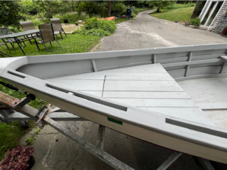 12 10 classic Lapstrake Skiff for sale, bow view on deck