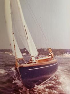 1920 Herreshoff S Boat in need of restoration , undersail view of bow and port side
