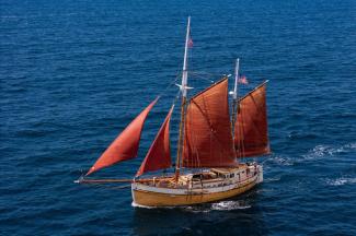 1938 Vintage Norwegian Double Ended Ketch, undersail view fro ablove port side bow view
