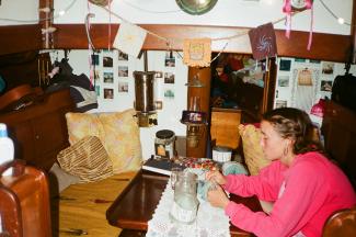 52 foot staysail schooner MOONDRIFT, view inside dining sitting area