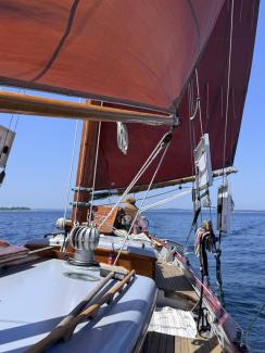 52 foot staysail schooner MOONDRIFT,  undersail view on deck looking toward bow
