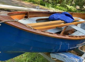 Chesapeake Light Craft Peapod, on trailer view of boat