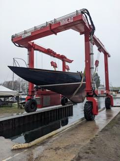 Classic Racing Sloop, lifted out of water 