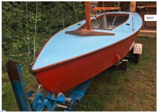 1964 C Lowndes Johnson Comet Day Sailer 16', on trailer bow port side view