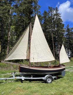 Gunter Yawl, Glued Lapstrake, 14’ On Deck, 22’ Overall, on the hard on trailer