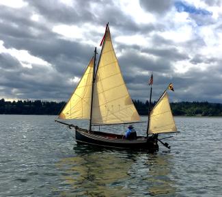 Gunter Yawl, Glued Lapstrake, 14’ On Deck, 22’ Overall, in water open sails