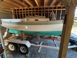Harry Bryan Design "Katie" Sloop, on trailer inside, starboard side view