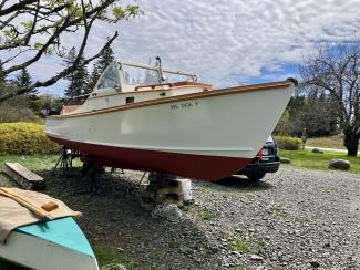 1966 23.5' Picnic Cruiser, on the hard, starboard bow view