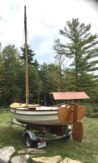 Lilou2 for sale, on trailer stern view port side no sails up