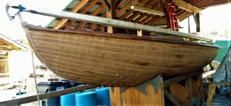Wooden ballast keel sloop "RASCAL", inside on stands port side view