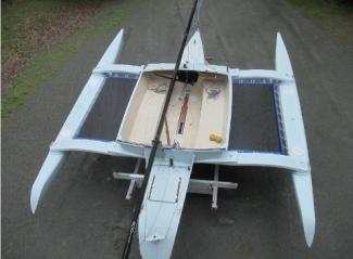 John Marples design and built 21' folding trimaran, view from above on the hard