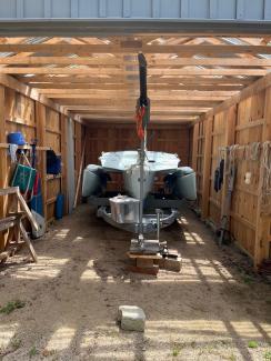 John Marples design and built 21' folding trimaran, view stored inside 