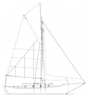 North Sea 29: wooden centerboard cruising cutter with gaff rig and long cabin trunk 