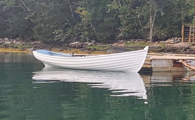 Wherry tied up. Overs Cove, Petit Manan, Maine.