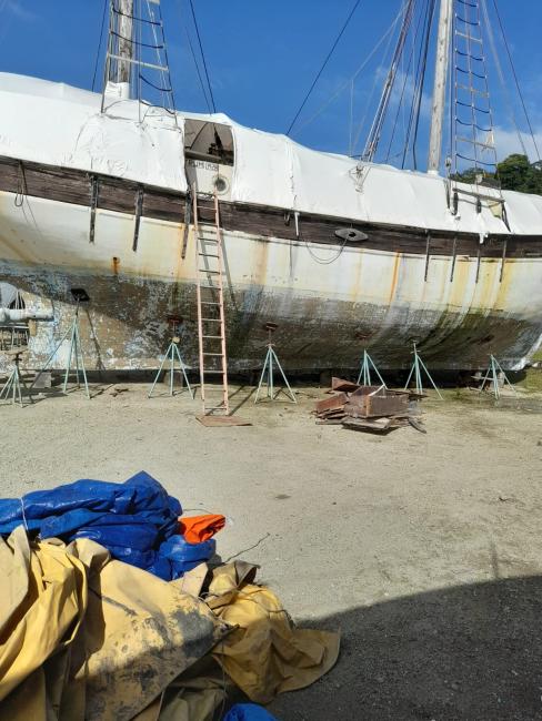 1928 Danish built 82’ Ketch “Pax Nostrum” Project, out of water starboard side view