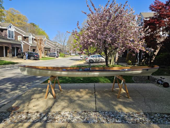 Annapolis Wherry Wooden Sliding Seat Row Boat, on stands side view