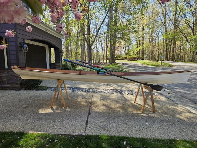 Annapolis Wherry Wooden Sliding Seat Row Boat, on stands side view