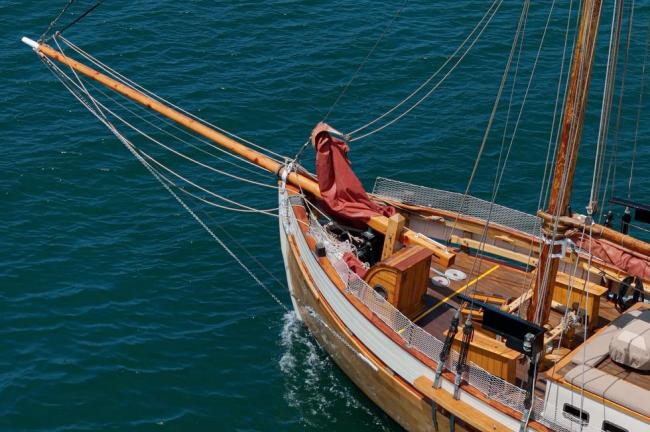 1938 Vintage Norwegian Double Ended Ketch, view from above looking toward bow port side