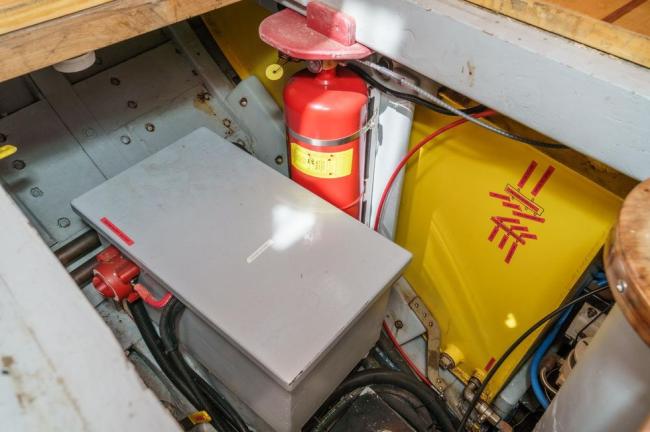 1938 Vintage Norwegian Double Ended Ketch, fire estingisher box, controls 