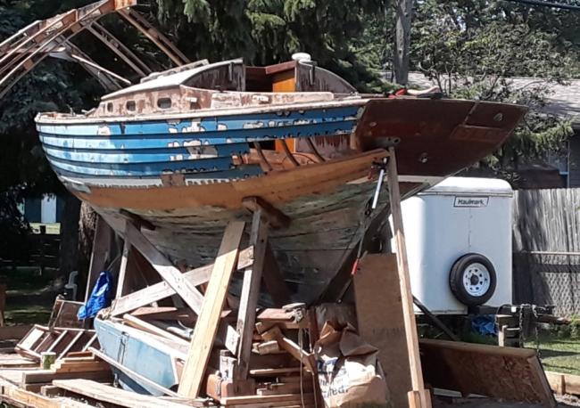FREE!  Folkboat, built by Abbott Boats, on stands stern port side view