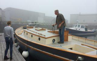 33' English style Gaff Cutter, docked port side vew looking toward bow