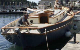33' English style Gaff Cutter, docked starboard side stern view