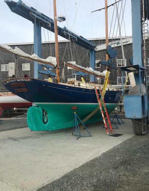 36' Joel White Ketch (1971) NASKET, on stands, view from stern end starboard side view