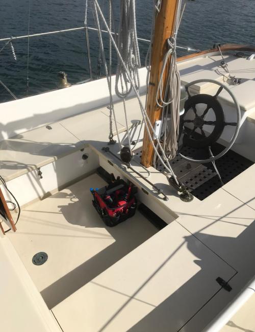 36' Joel White Ketch (1971) NASKET, up close view of deck